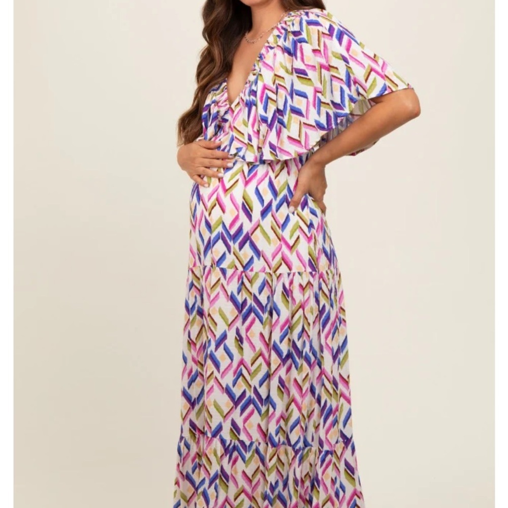 Pinkblush Maternity Multicolor Printed Deep V-Neck Tiered Maxi Dress